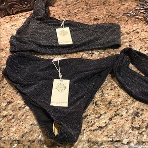 Ramy Brook Shimmery Dark Metallic One-Shoulder Bikini Set